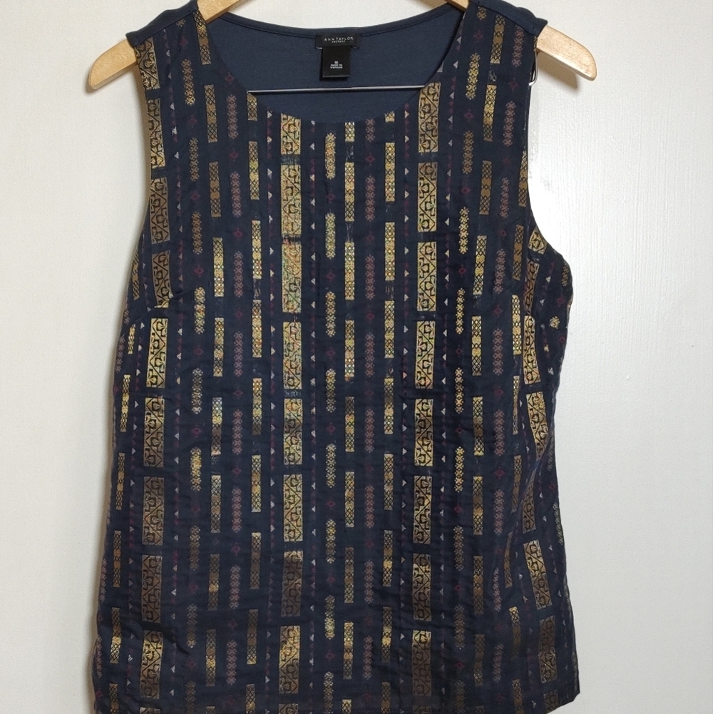 Ann Taylor Navy and Gold Patterned Women's Embroidered Top